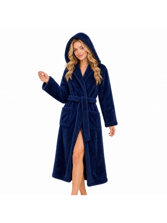 Womens Hooded Fleece Robe, Long Fluffy Thick Warm Plush Bathrobe,(Navy,S-M)