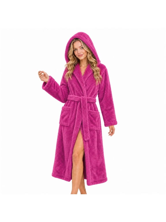 Womens Hooded Fleece Robe, Long Fluffy Thick Warm Plush Bathrobe,(Rose Red,L-XL)