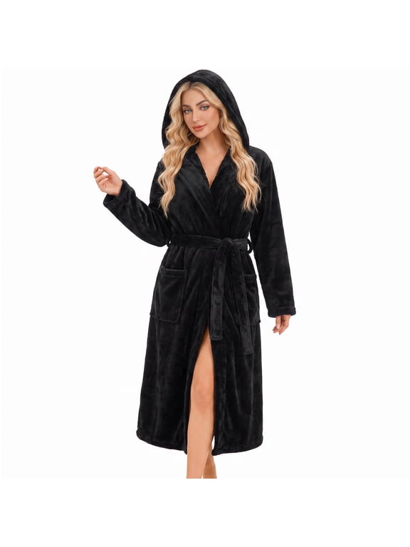 Womens Hooded Fleece Robe, Plush Bathrobe Soft Warm Long Robes,(Black,L-XL)