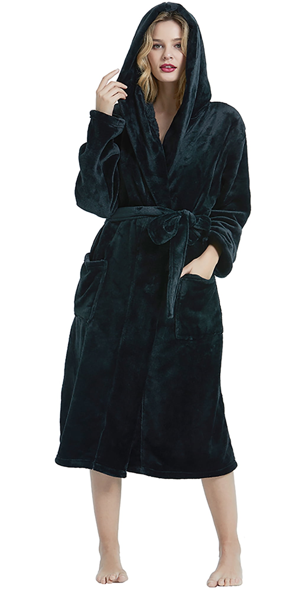 HEARTNICE Womens Hooded Fleece Robe, Plush Bathrobe Soft Warm Long ...