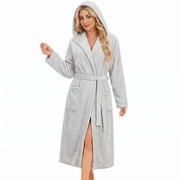 HEARTNICE Womens Hooded Fleece Robe, Plush Bathrobe Soft Warm Long Robes,Light Grey,2XL-3XL