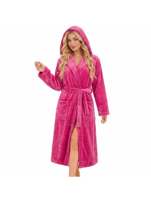 Womens Hooded Fleece Robe, Plush Bathrobe Soft Warm Long Robes,(Rose,L-XL)