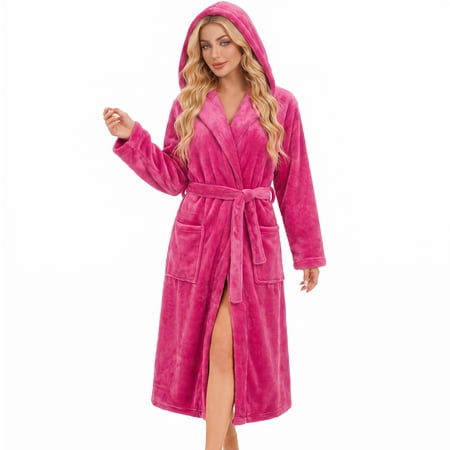 HEARTNICE Womens Hooded Fleece Robe, Plush Bathrobe Soft Warm Long Robes,(Rose,S-M)
