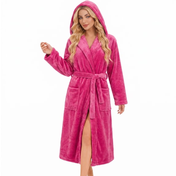 HEARTNICE Womens Hooded Fleece Robe, Plush Bathrobe Soft Warm Long Robes,(Rose,S-M)