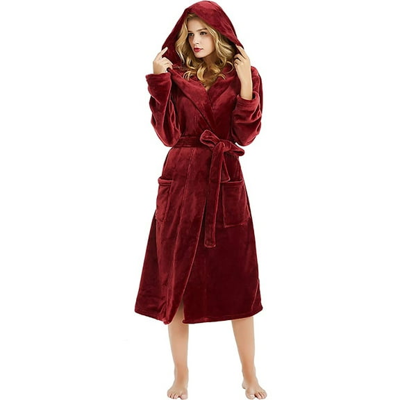 HEARTNICE Womens Hooded Fleece Robe, Plush Bathrobe Soft Warm Long Robes,(Wine,L-XL)