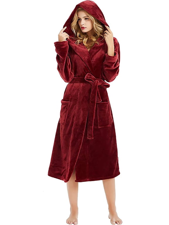 Womens Hooded Fleece Robe, Plush Bathrobe Soft Warm Long Robes,(Wine,S-M)
