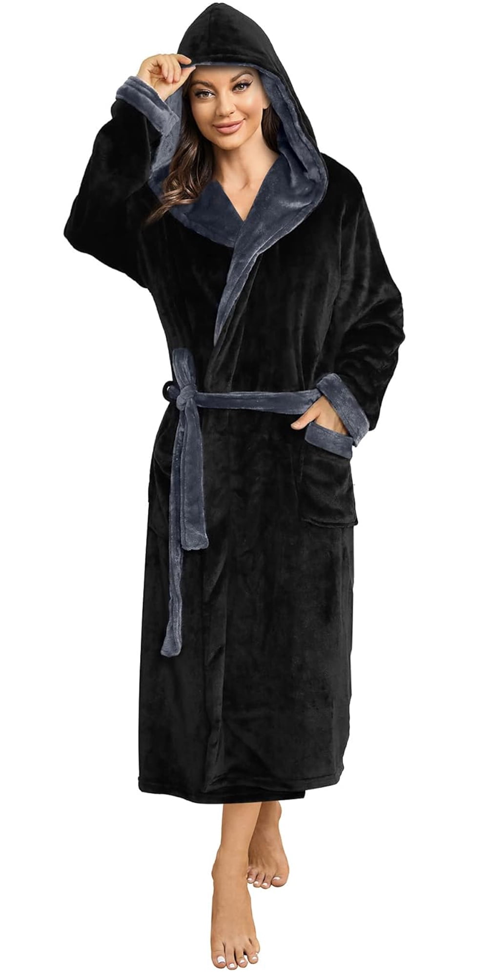 HEARTNICE Womens Hooded Fleece Robe, Soft Plush Shawl Collar Two Tone