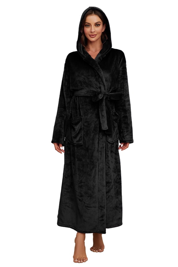 Womens Hooded Long Robe, Soft Warm Fleece Full Length Plush Bathrobe,(Black L-XL)