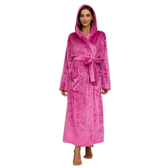 HEARTNICE Womens Hooded Long Robes, Soft Warm Fleece Full Length Plush Bathrobes,(Rose S-M)