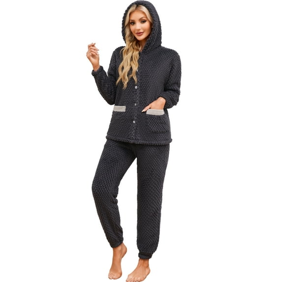 HEARTNICE Womens Hooded Pajama Set, Soft Plush Sleepwear with Pockets Fluffy Fuzzy Pjs Sets,(Dark Grey+Light Grey,S)
