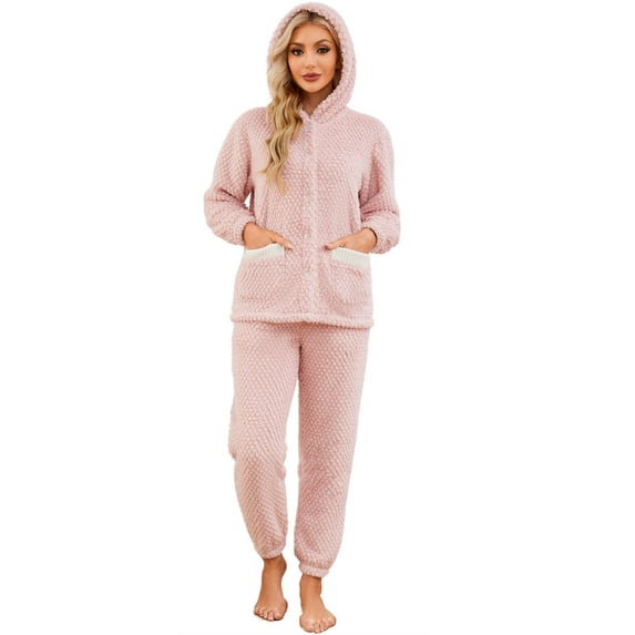 HEARTNICE Womens Hooded Pajama Set, Soft Plush Sleepwear with Pockets Fluffy Fuzzy Pjs Sets,(Light Pink+White,L)