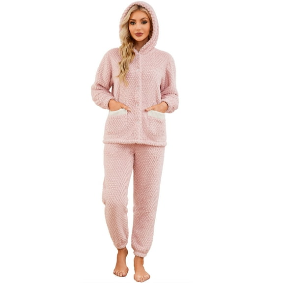 HEARTNICE Womens Hooded Pajama Set, Soft Plush Sleepwear with Pockets Fluffy Fuzzy Pjs Sets,(Light Pink White,M)