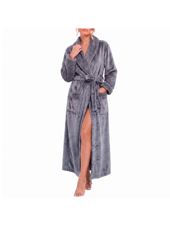 Womens Long Fleece Robe Soft Plush Robes for Women Warm Bathrobes Comfy House Coat Full-length(Dark Grey, Large-X-Large)