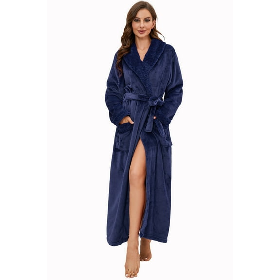 HEARTNICE Womens Long Fleece Robe Soft Plush Robes for Women Warm Bathrobes Comfy House Coat Full-length（Navy, XX-Large-3X-Large）