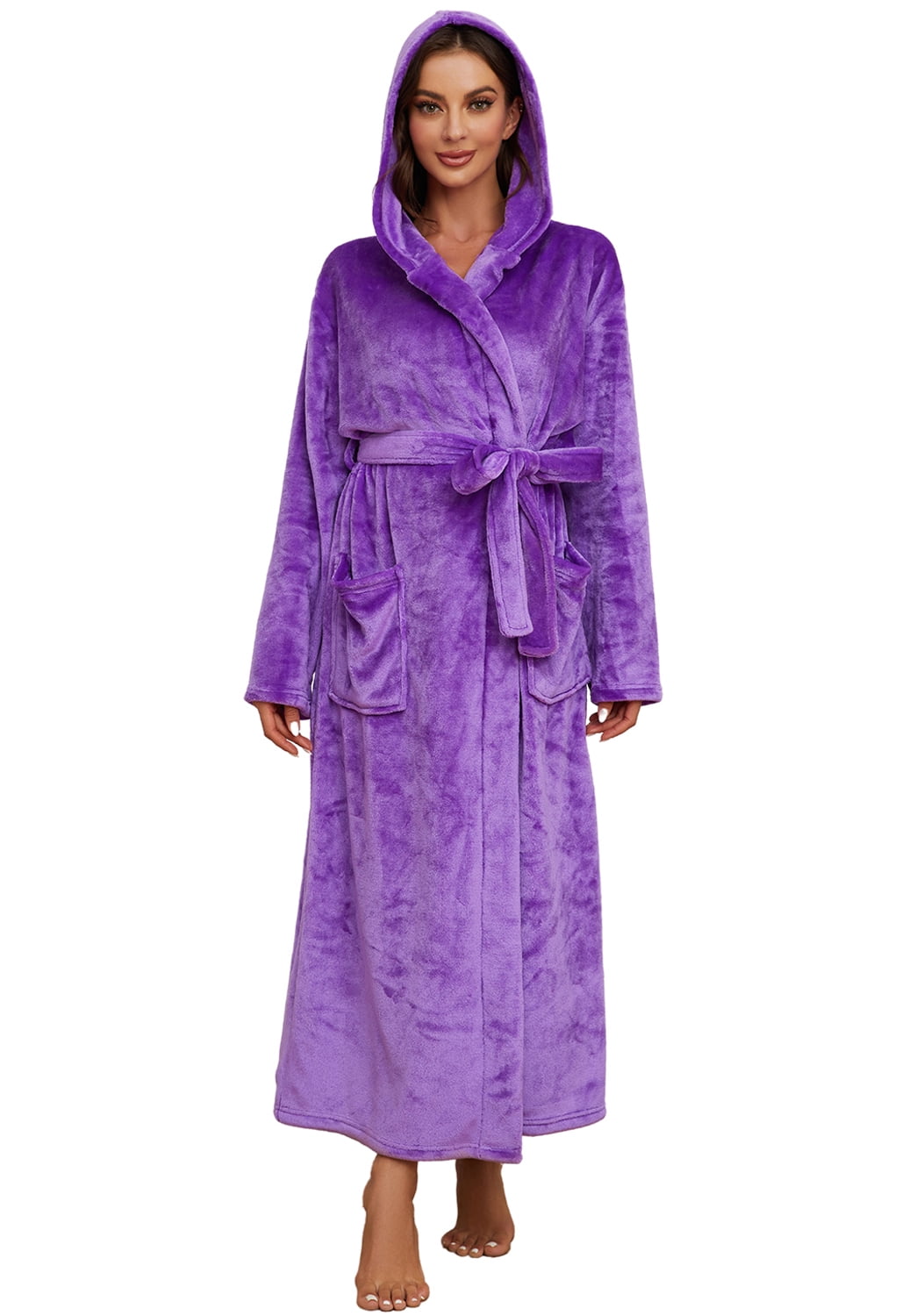 HEARTNICE Womens Long Hooded Robe, Soft Warm Fleece Bathrobes Full