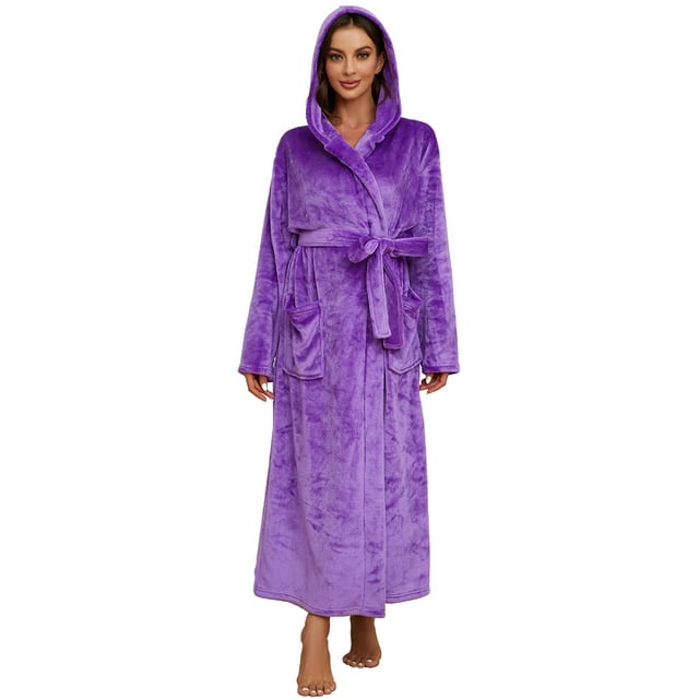 HEARTNICE Womens Long Hooded Robe, Soft Warm Fleece Bathrobes Full Length Plush House Coat