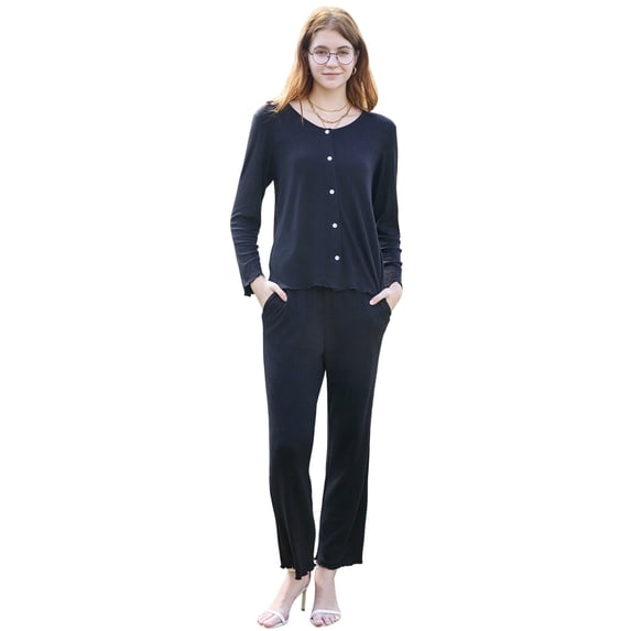HEARTNICE Womens Pajama Set, Soft Long Sleeve Button-up Sleepwear Lounge Pjs with Pockets,(Black,L)