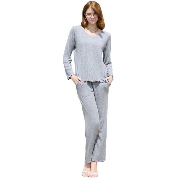 HEARTNICE Womens Pajama Set, Soft Long Sleeve Button-up Sleepwear Lounge Pjs with Pockets,(Light Grey Mel.XL)