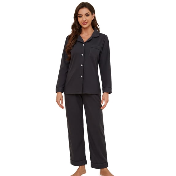 HEARTNICE Womens Pajama Sets, Flannel Knit Soft Button Down Loungewear Long Sleeve Pjs Sets,(Dark Grey,2XL)