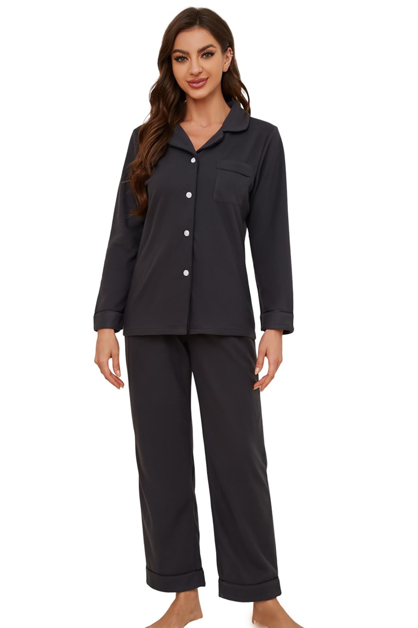 Pjmlifecoco Women's Button-Down Pajama Set – V-Neck Sleepwear & Loungewear In Gray