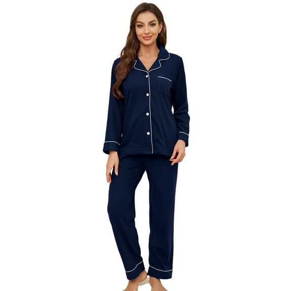 HEARTNICE Womens Pajama Sets, Flannel Knit Soft Button Down Loungewear Long Sleeve Pjs Sets,(Navy,L)