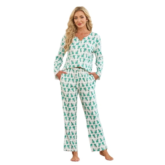 HEARTNICE Womens Pajama Sets Y2K Print, Long Sleeve Button-Down Pajamas Set for Women Soft Knit Loungewear(GRASS GREEN MONKEY PRINT, 2XL)