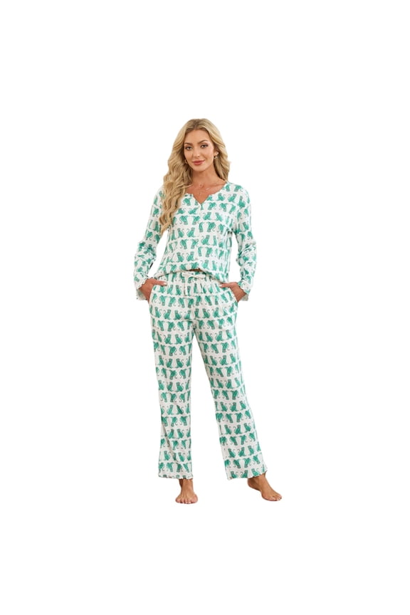 Womens Pajama Sets Y2K Print, Long Sleeve Button-Down Pajamas Set for Women Soft Knit Loungewear(GRASS GREEN MONKEY PRINT, L)