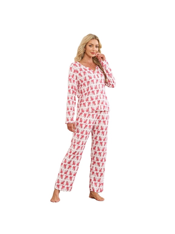 Womens Pajama Sets Y2K Print, Long Sleeve Button-Down Pajamas Set for Women Soft Knit Loungewear(ROSE PINK MONKEY PRINT, L)