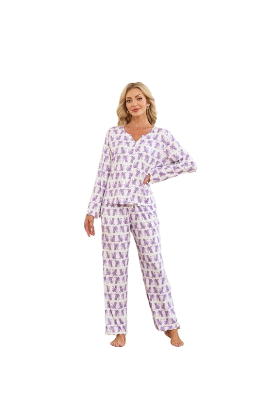 Womens Pajama Sets Y2K Print, Long Sleeve Button-Down Pajamas Set for Women Soft Knit Loungewear(TARO PURPLE MONKEY PRINT, M)