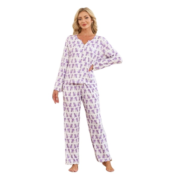 HEARTNICE Womens Pajama Sets Y2K Print, Long Sleeve Button-Down Pajamas Set for Women Soft Knit Loungewear(TARO PURPLE MONKEY PRINT, S)