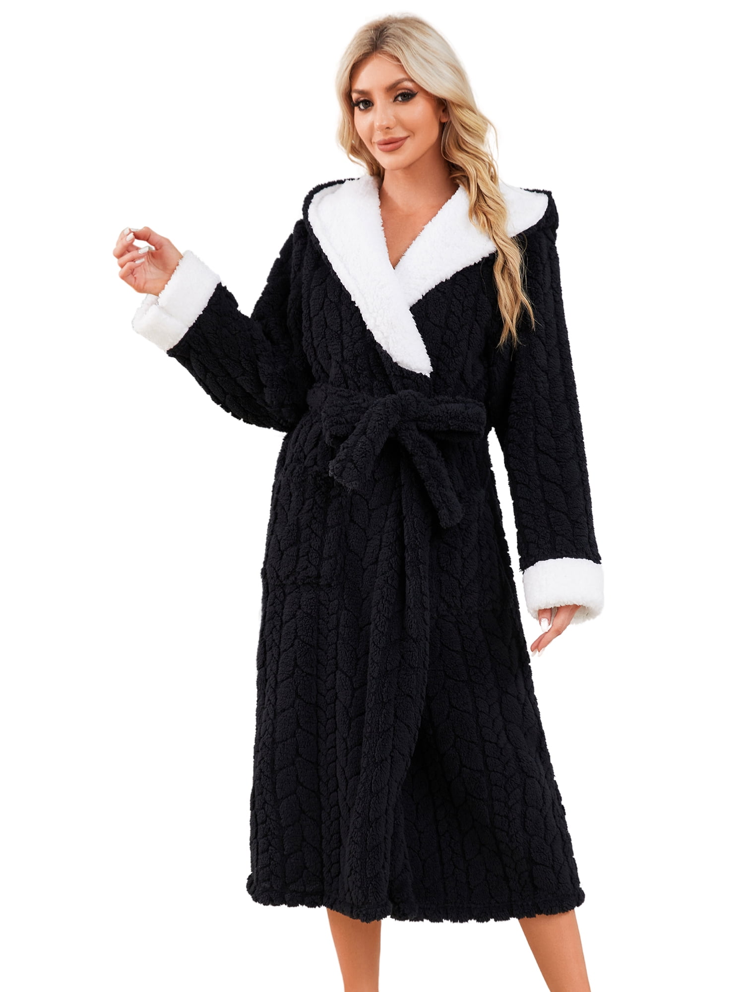 HEARTNICE Womens Plush Hooded Robe, Soft Fluffy Fleece Long Warm ...