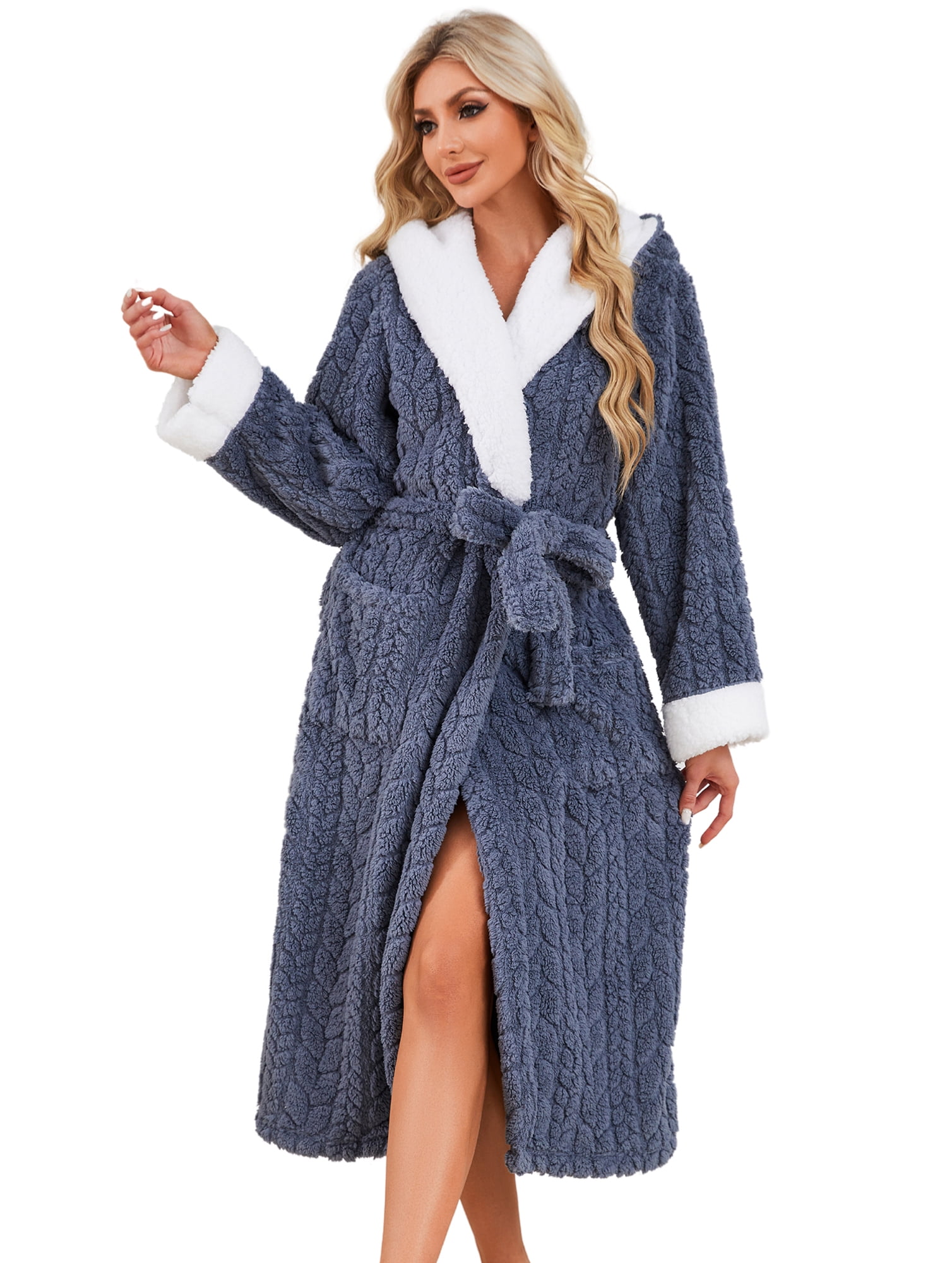 HEARTNICE Womens Plush Hooded Robe, Soft Fluffy Fleece Long Warm ...
