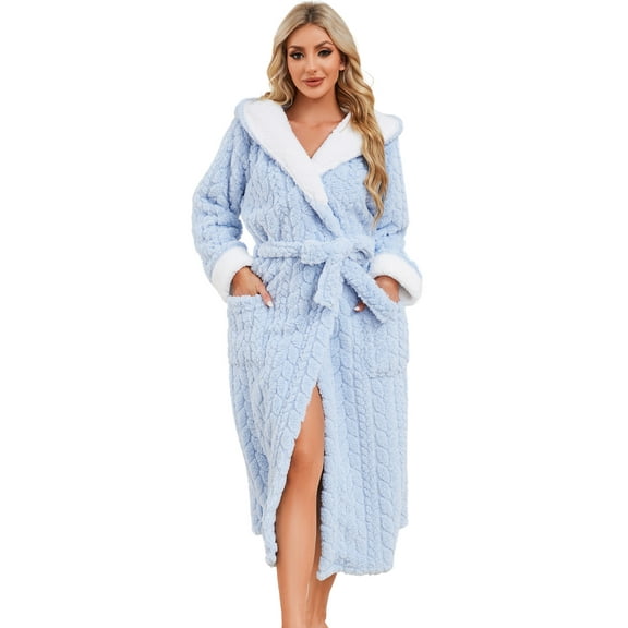 HEARTNICE Womens Plush Hooded Robe, Soft Fluffy Fleece Long Warm Bathrobes,(Light Blue,S-M)
