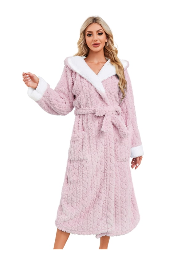 Womens Plush Hooded Robe, Soft Fluffy Fleece Long Warm Bathrobes,(Light PinkL-XL)