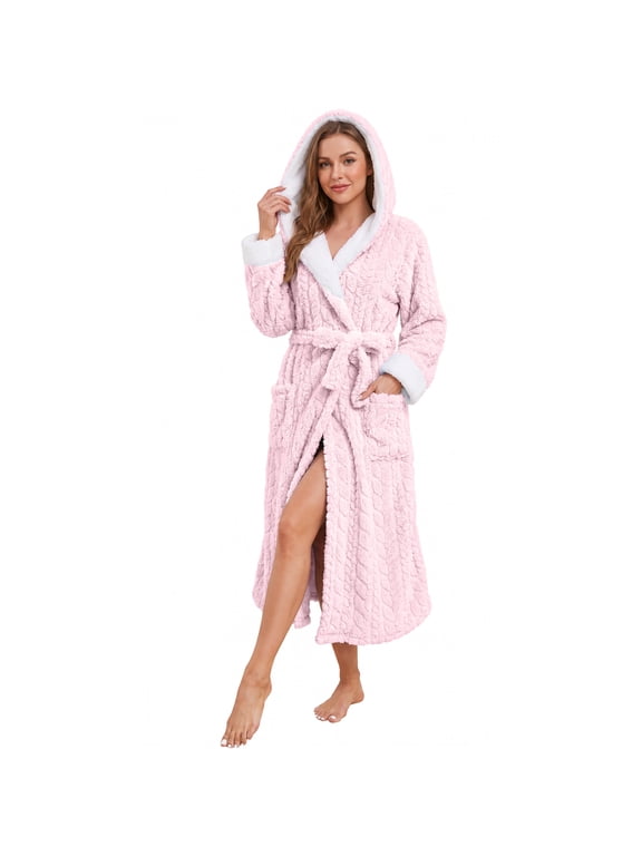 Womens Plush Hooded Robe, Soft Fluffy Fleece Long Warm Bathrobes,(Light PinkL-XL)