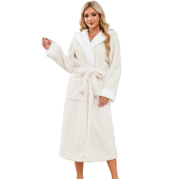 HEARTNICE Womens Plush Hooded Robe, Soft Fluffy Fleece Long Warm Bathrobes,(White,L-XL)