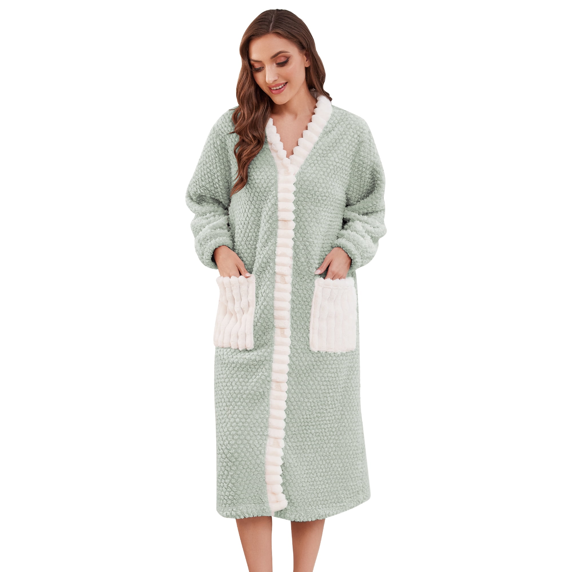 HEARTNICE Womens Plush Robe, Lightweight Fluffy Bathrobe Button Warm ...