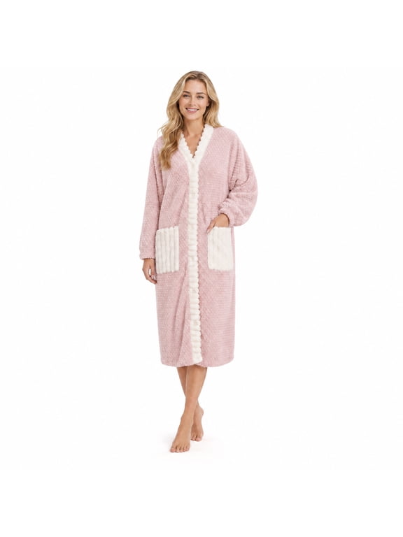 Womens Plush Robe, Lightweight Fluffy Bathrobe Button Warm Loungewear,(Light Pink+White,L-XL)