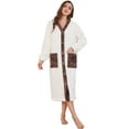 thumbnail image 1 of HEARTNICE Womens Plush Robe, Lightweight Fluffy Bathrobe Button Warm Loungewear,(White+Dark Brown,S-M), 1 of 3