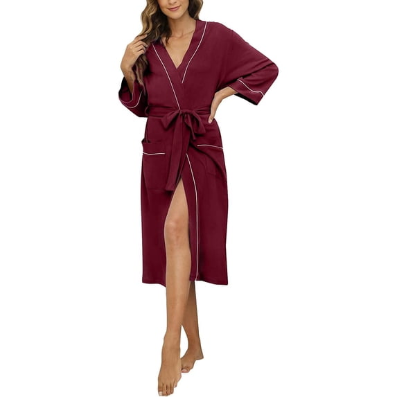 HEARTNICE Womens Robe, Lightweight 3/4 Sleeve Knit Spa Bathrobe Soft Kimono Long Loungewear,(Burgundy XL)