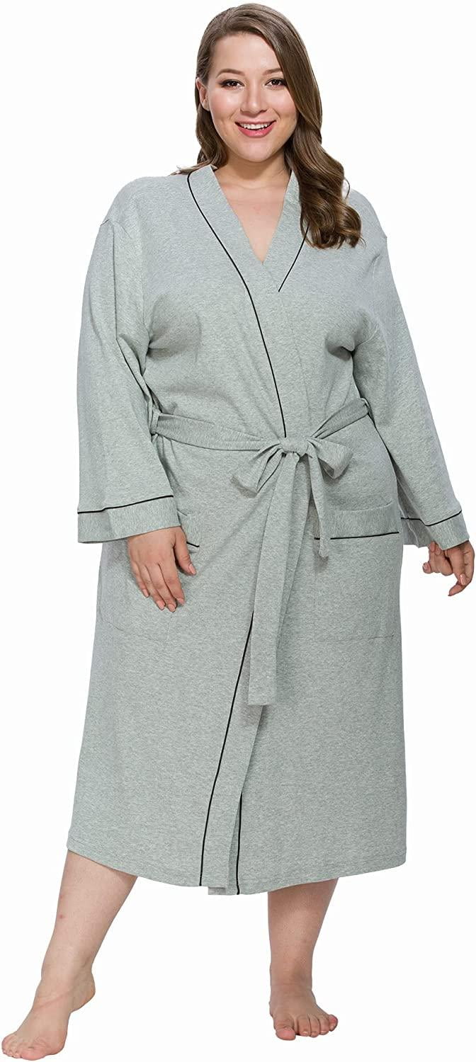 HEARTNICE Womens Robe, Lightweight Blended Cotton Knit Spa Long Bathrobe  Soft Kimono 3/4 Sleeve Loungewear,(Grey mel. M) 