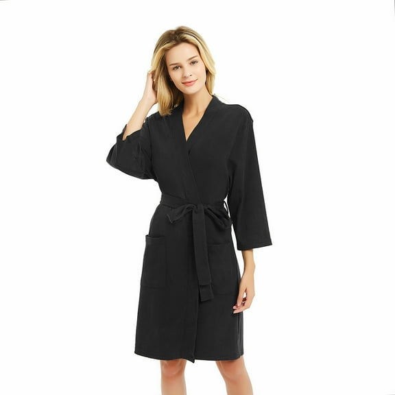 HEARTNICE Womens Robes, 100% Cotton Soft Lightweight Knit Short Bathrobe,(Black,2XL)