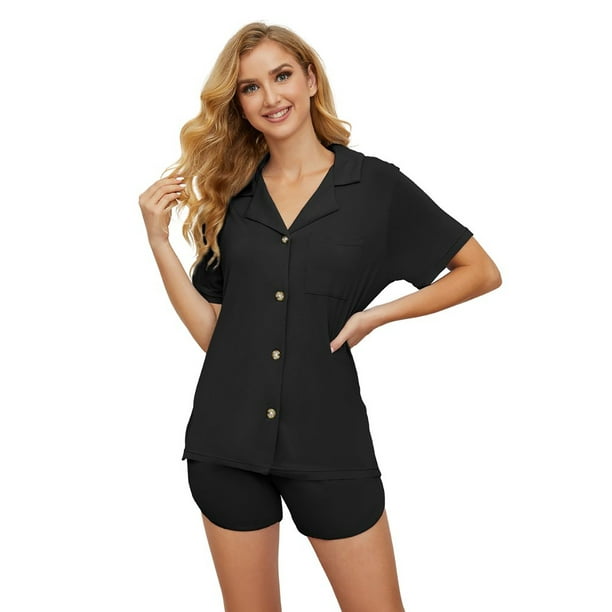 HEARTNICE Womens Short Pajama Set Button Down Women Lightweight Loungewear Short Sleeve Pjs Set Two piece Black L