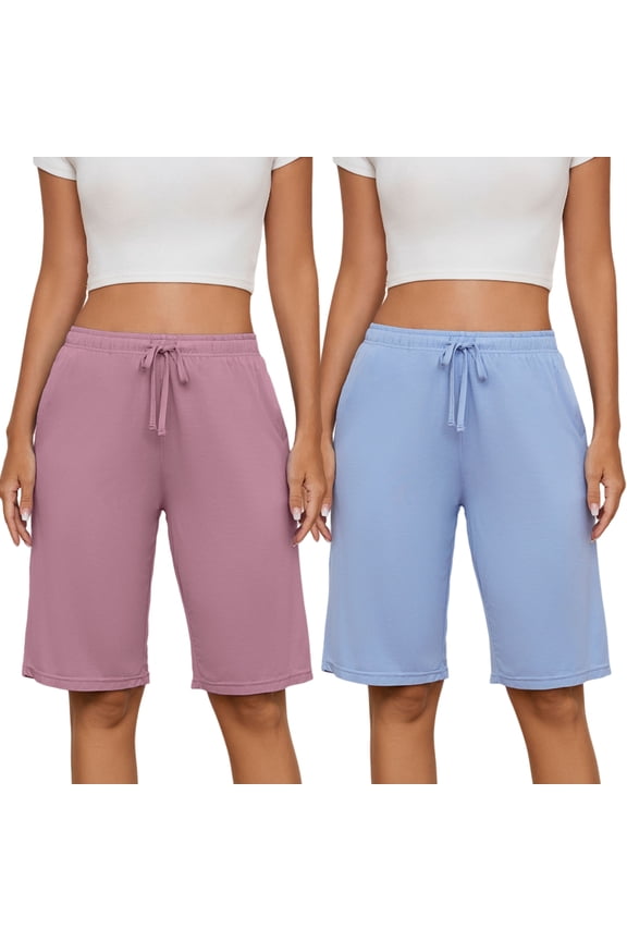 Womens Soft Pajama Shorts Lounge Bermuda Shorts Casual Knee-Length Sleep Shorts 2 PACK(Dusty Pink+Ltght Blue,XL)
