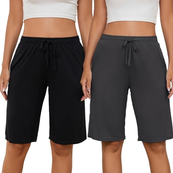 HEARTNICE Womens Soft Pajama Shorts Lounge Bermuda Shorts Casual Knee-Length Sleep Shorts 2 PACK (Black+Dark Grey, Large)