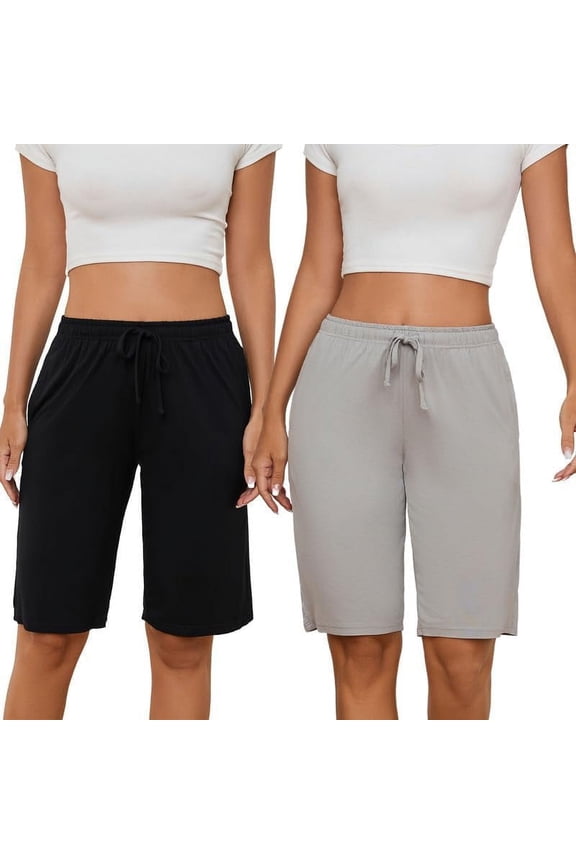 Womens Soft Pajama Shorts Lounge Bermuda Shorts Casual Knee-Length Sleep Shorts(Black+Light Grey, XX-Large)