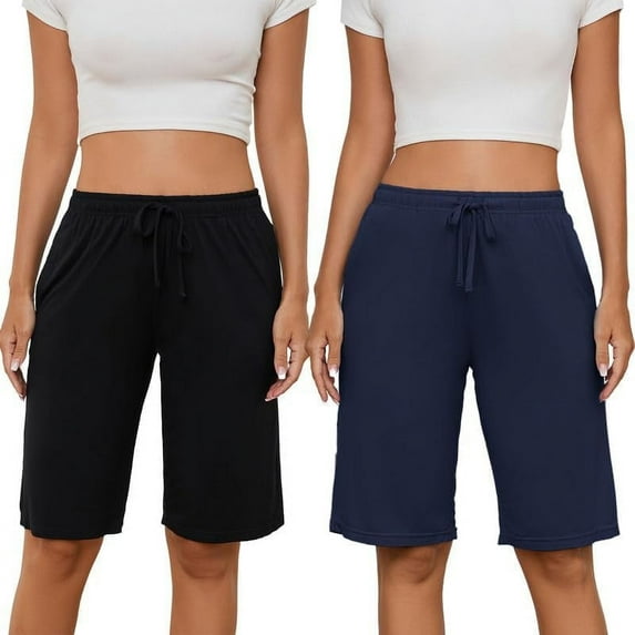 HEARTNICE Womens Soft Pajama Shorts Lounge Bermuda Shorts Casual Knee-Length Sleep Shorts(Black+Navy, Small)