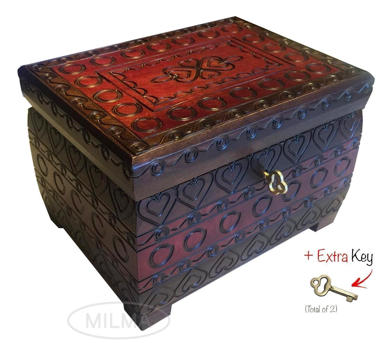 POLISH ART CENTER HEARTS Burned Chest Box w/ Lock & Key Handmade Linden Wood Jewelry Heart Keepsake Box from Poland