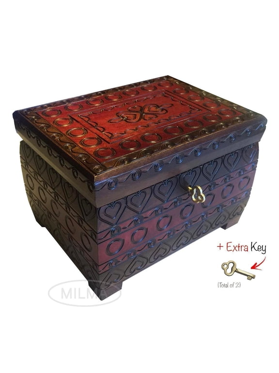 HEARTS Burned Chest Box w/ Lock & Key Handmade Linden Wood Jewelry Heart Keepsake Box from Poland