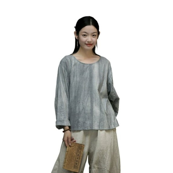 HEARTTOUCH Women's Linen Shirts Vintage Chinese Blouse Loose Cotton Tunic Tops Hanfu T-Shirt Long Sleeve Retro Pullover